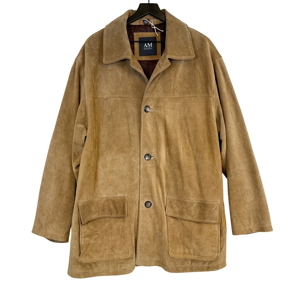 AM Studio Mens 100% Cow Leather Suede Collar Jacket in Nutmeg Beige - L